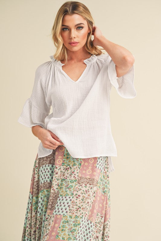White Aemi Co Side Slit Notched Ruffled Half Sleeve Blouse 1