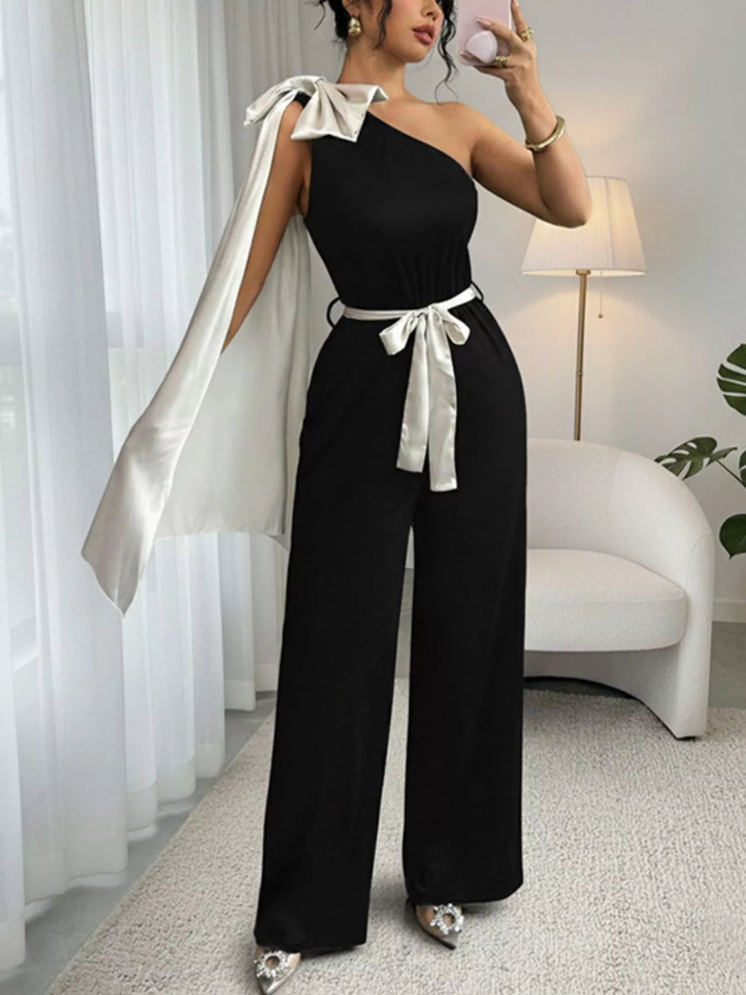 Black One Shoulder Bowknot Wide Leg Jumpsuit