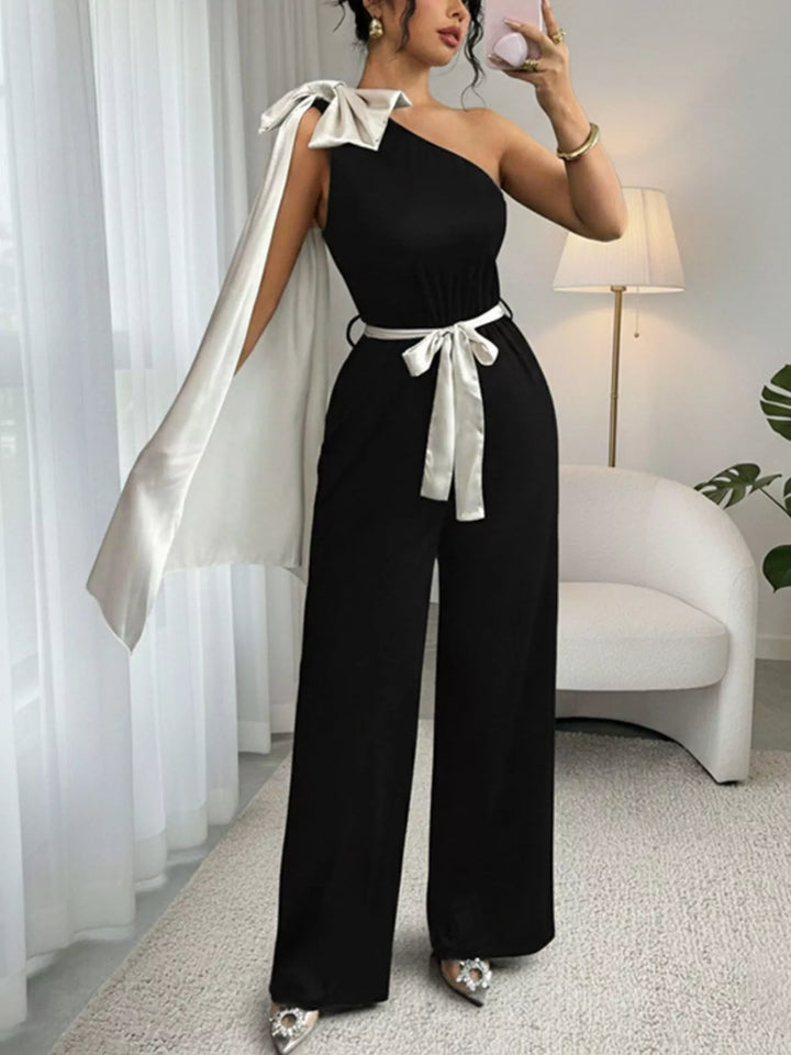 Black One Shoulder Bowknot Wide Leg Jumpsuit