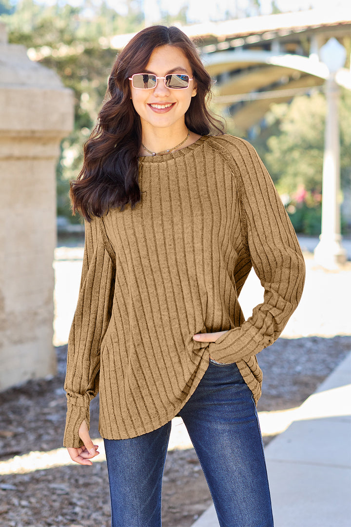 Royal Blue Basic Bae Full Size Ribbed Round Neck Long Sleeve Knit Top