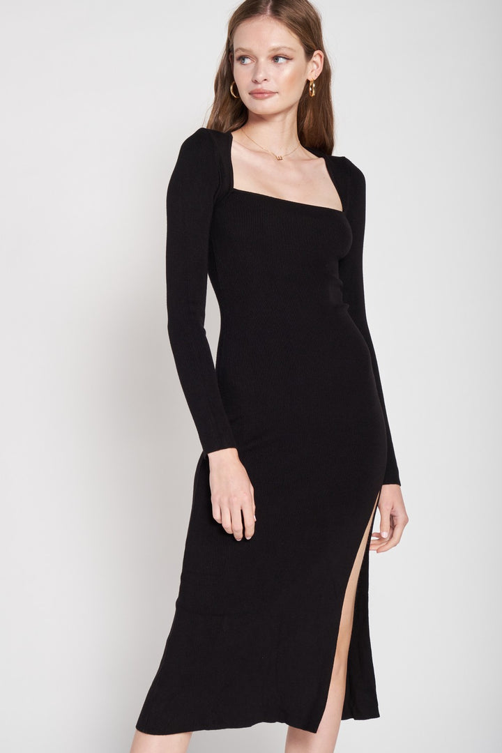 Square Neck Midi Dress With Slit