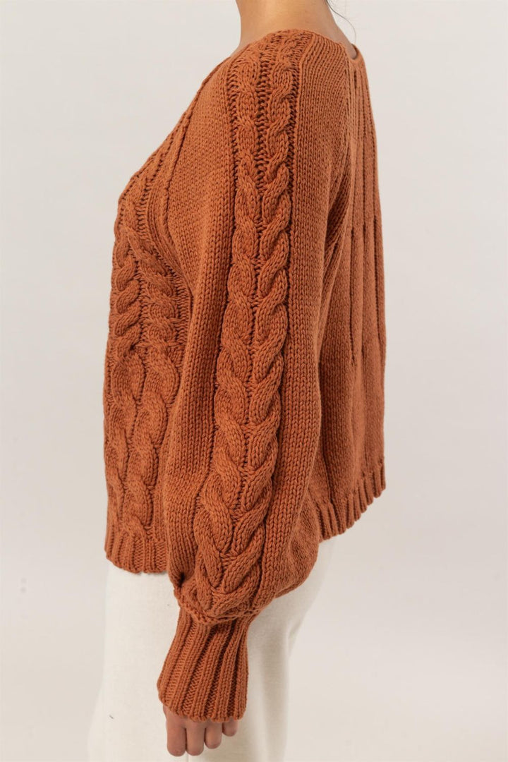 Hyfve Cable Knit Round Neck Raglan Sleeve Sweater