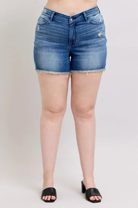 Judy Blue Full Size V Front Denim Shorts With Shield Pockets Plus Size