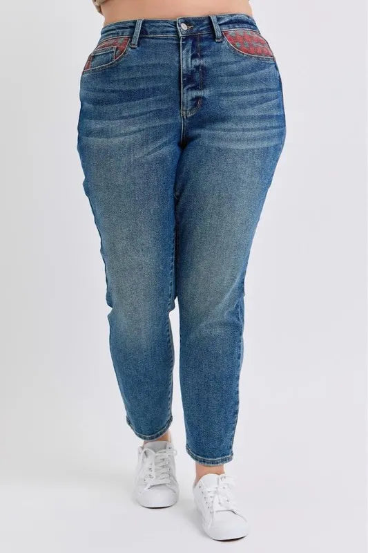 Md Judy Blue Full Size Hw Plaid Patch Slim Fit Jeans Plus Size