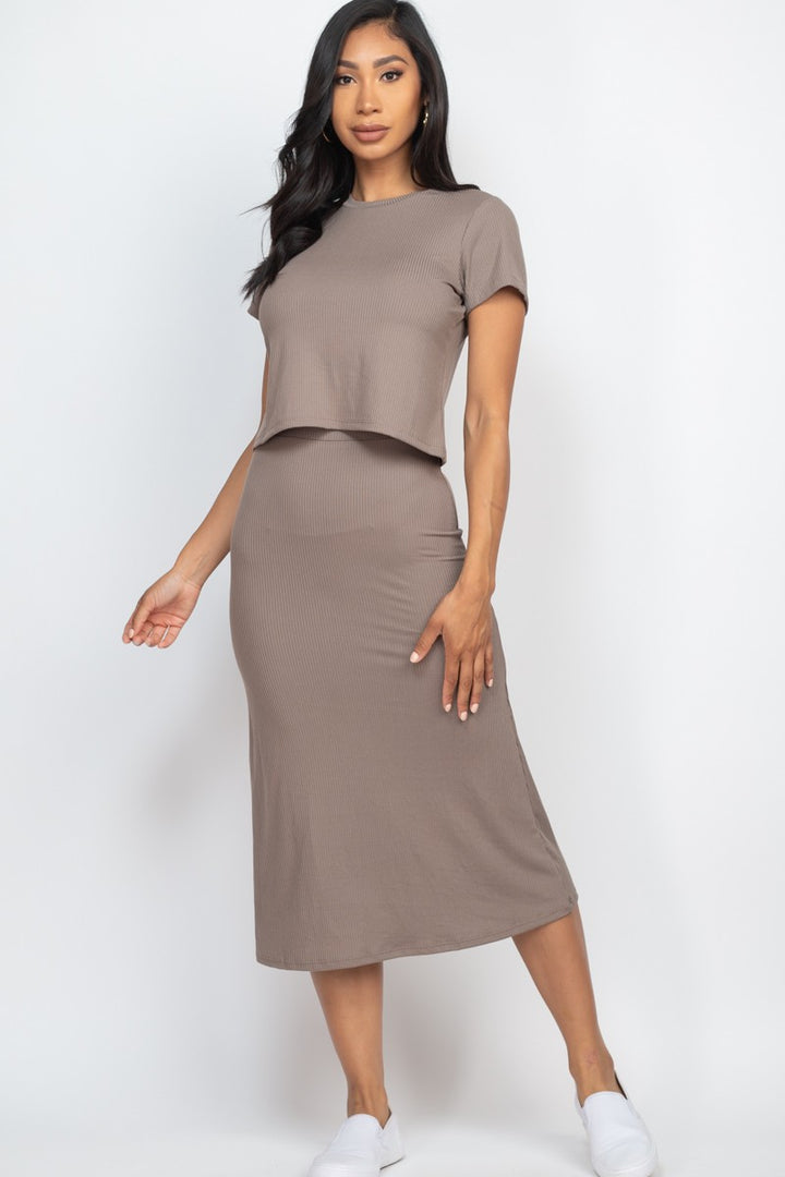 Taupe Ribbed Solid Top Midi Skirt Set | Anekay