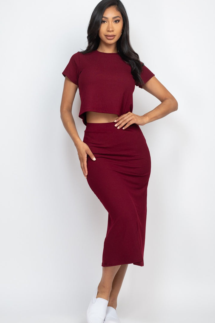 Burgundy Ribbed Solid Top Midi Skirt Set | Anekay