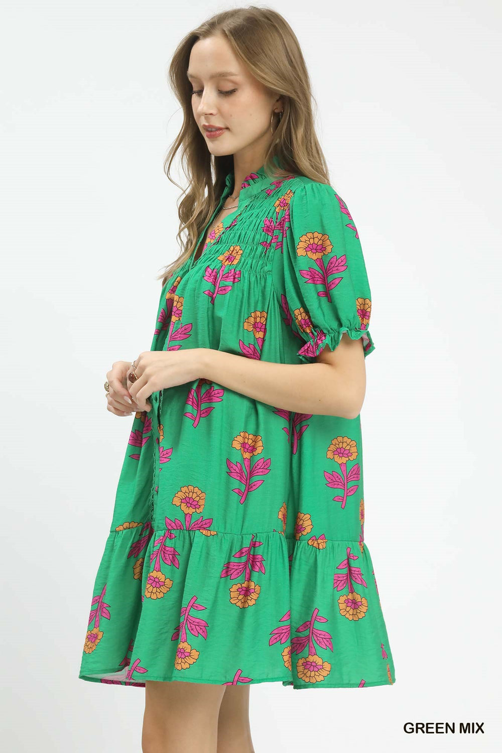 Green Mix Umgee Floral Print Babydoll Dress