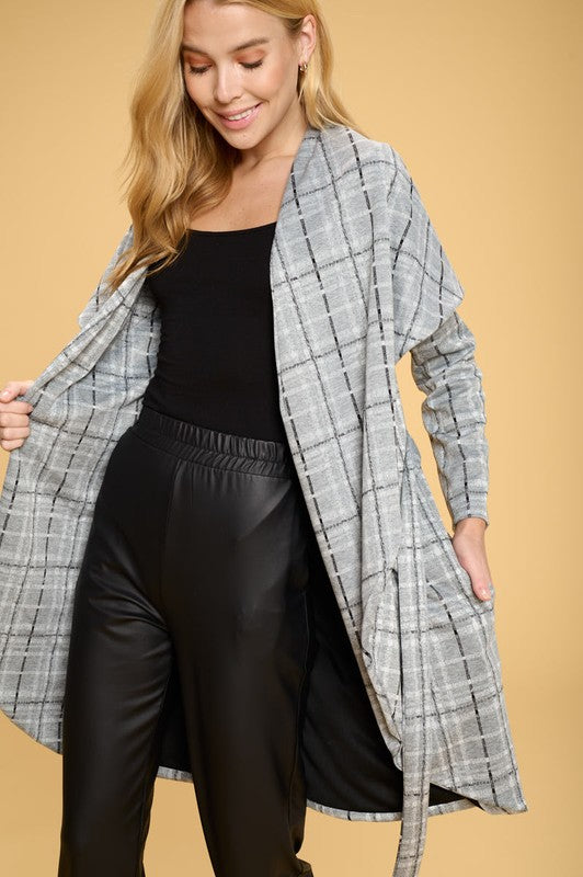 Grey Plaid Open Front Cardigan With Tie
