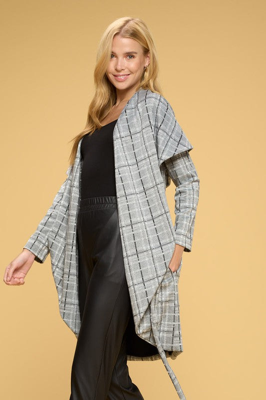 Grey Plaid Open Front Cardigan With Tie