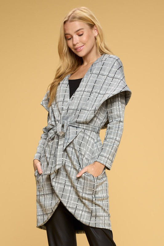 Grey Plaid Open Front Cardigan With Tie