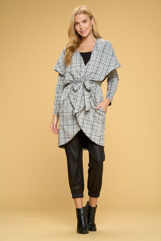 Plaid Open Front Cardigan With Tie