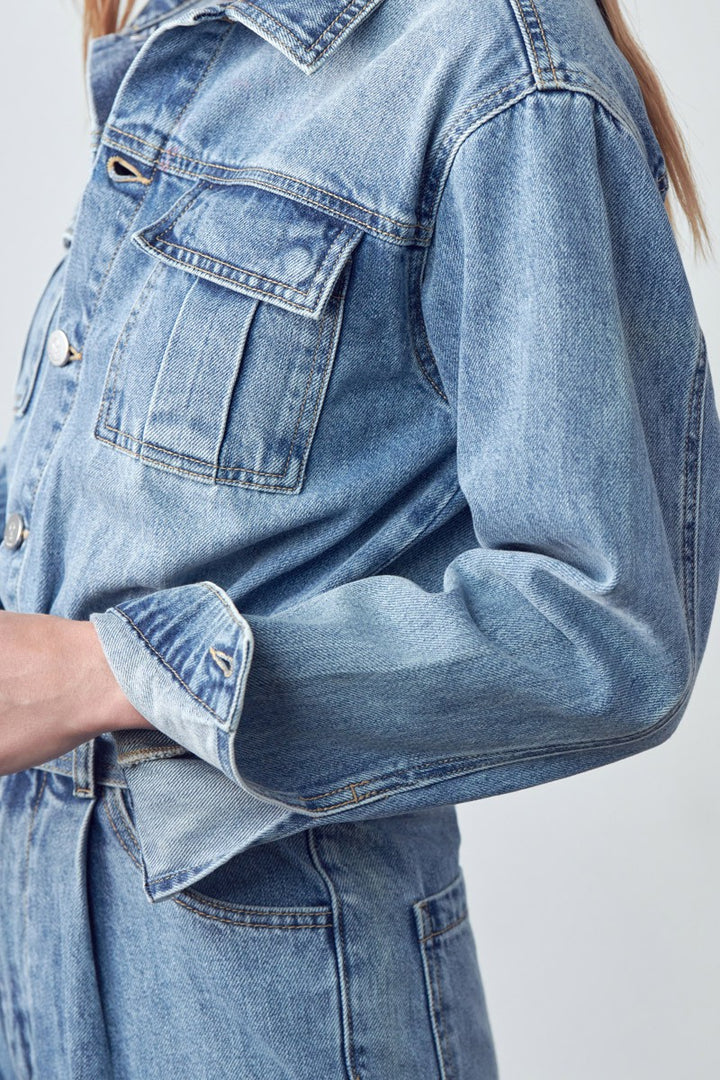 MEDIUM Belted Collared Button Front Denim Jumpsuit