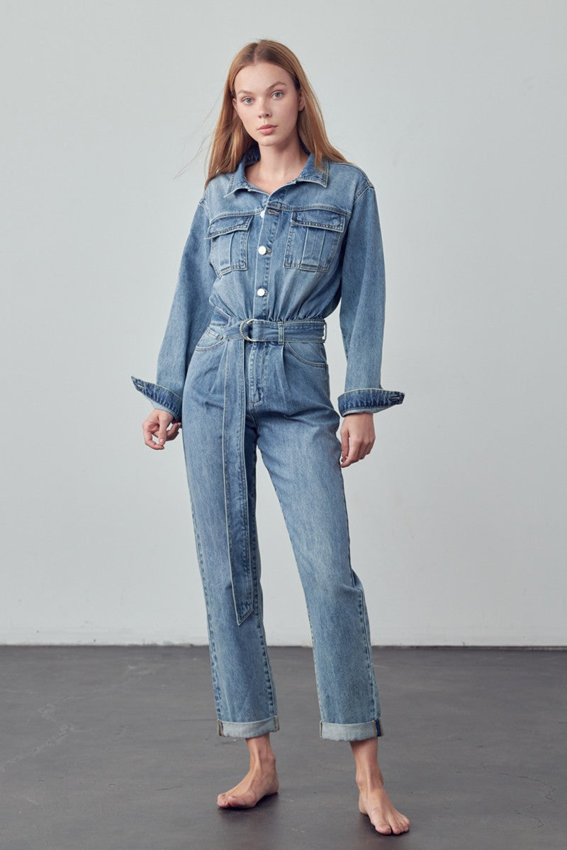 MEDIUM Belted Collared Button Front Denim Jumpsuit