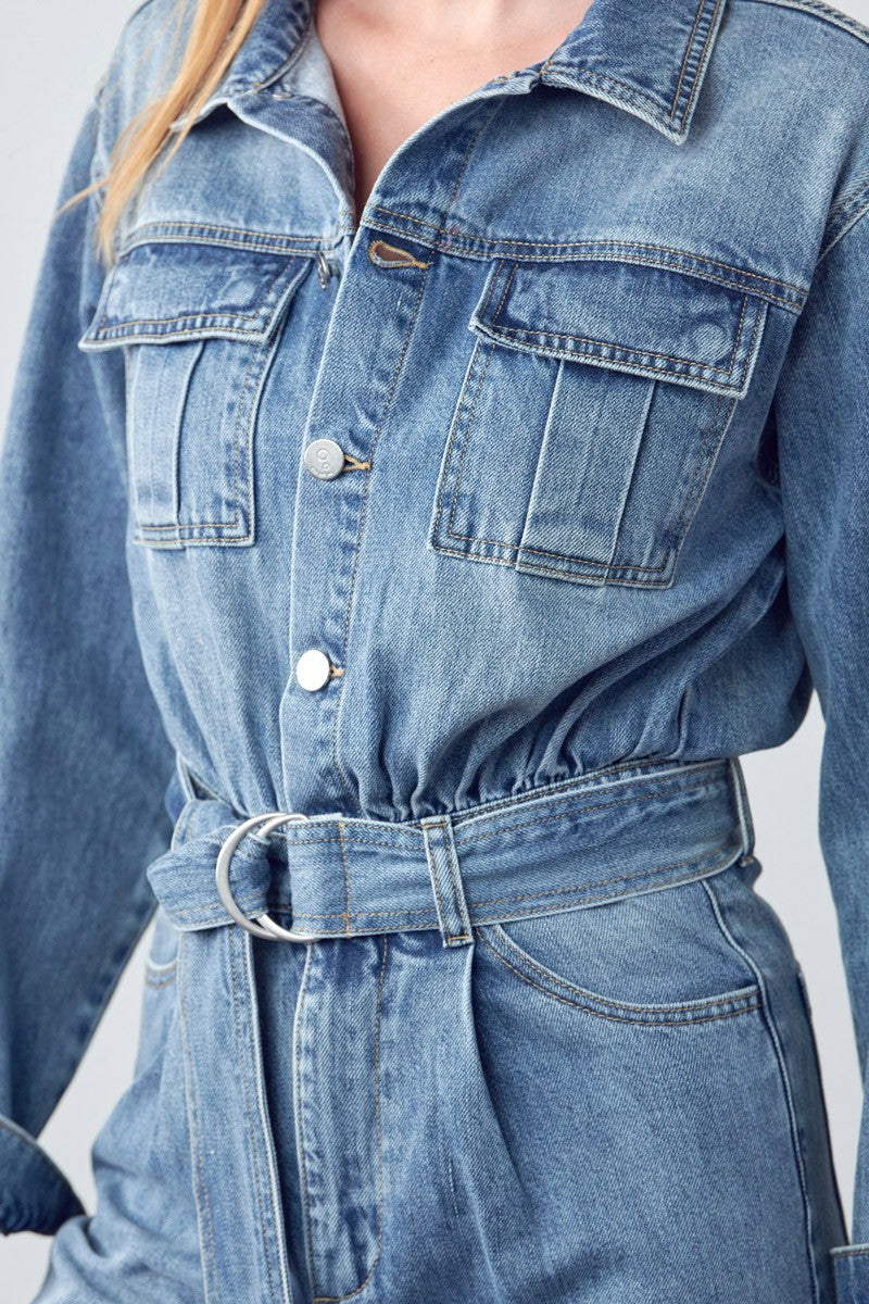 MEDIUM Belted Collared Button Front Denim Jumpsuit