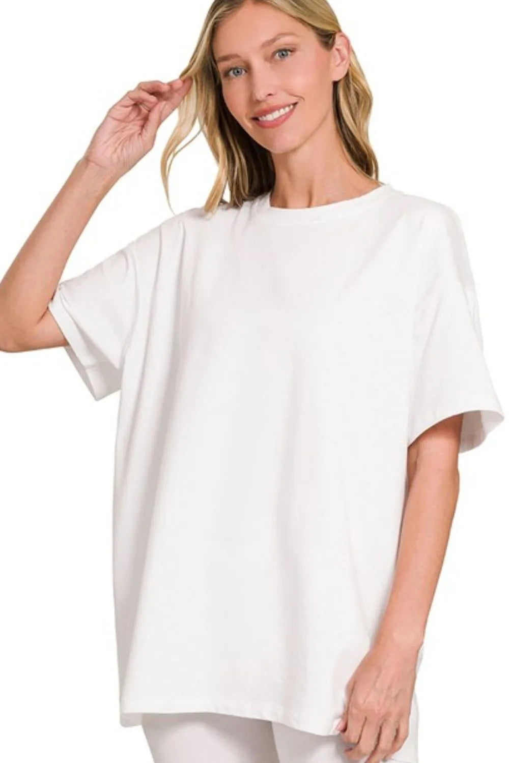 White Zenana Cotton Round Neck Top Biker Shorts