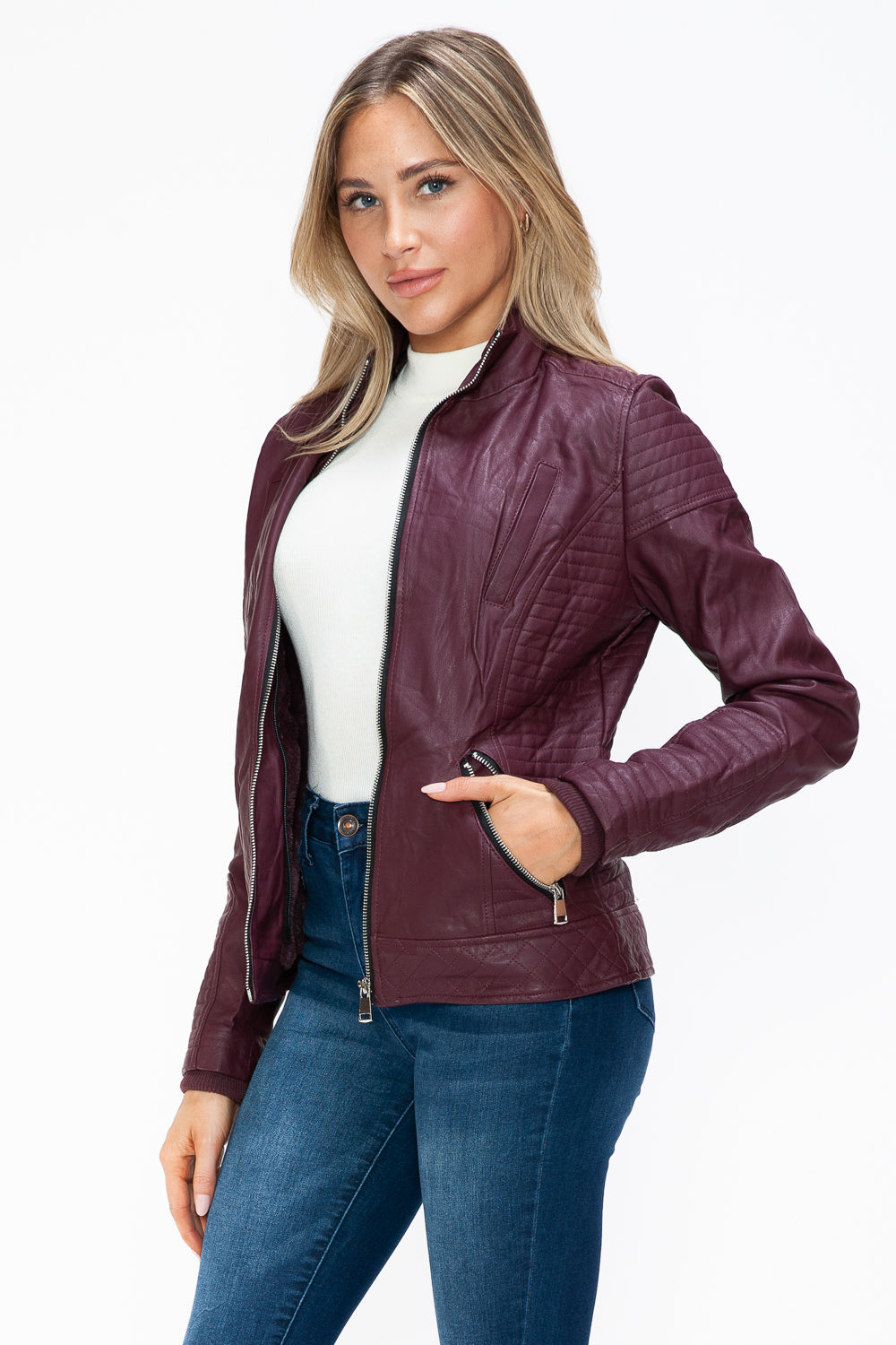Ymi Faux Layered Double Zipper Jacket With Fuzzy Hood 1