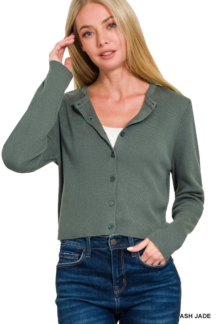 Ash Jade Zenana Button Front Crewneck Long Sleeve Cropped Cardigan