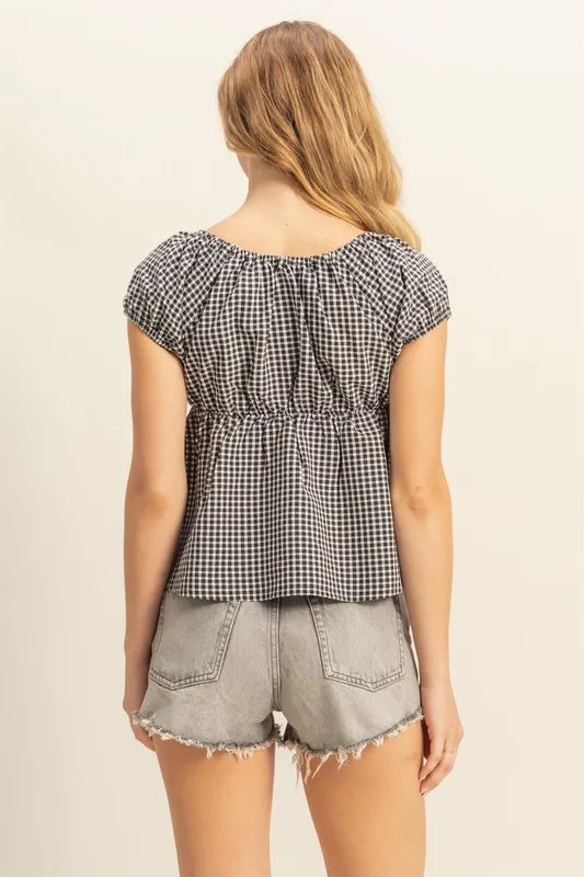 Black Hyfve Gingham Scoop Neck Cap Sleeve Blouse 2