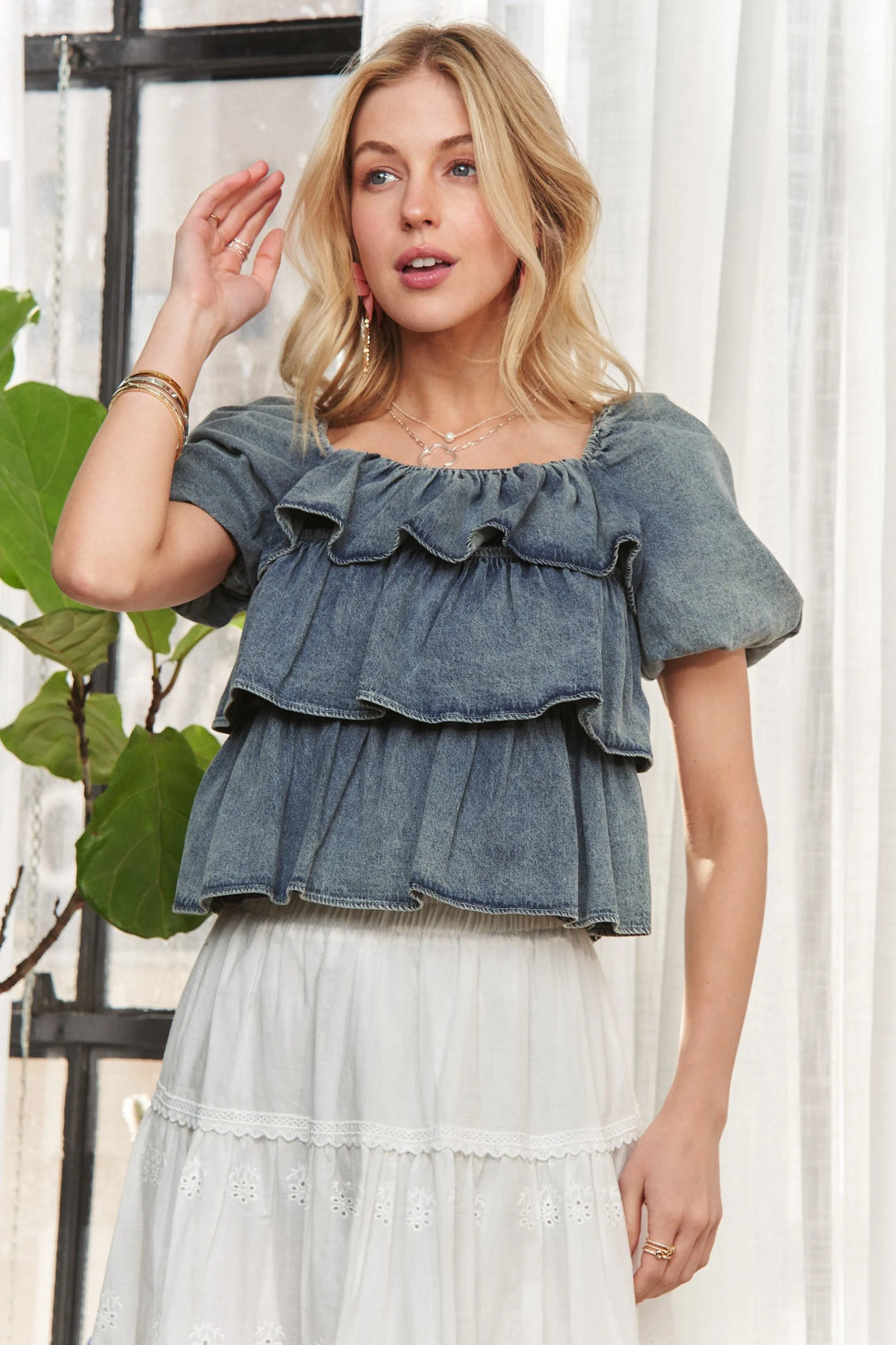 Denim Adora Washed Denim Layered Ruffle Blouse