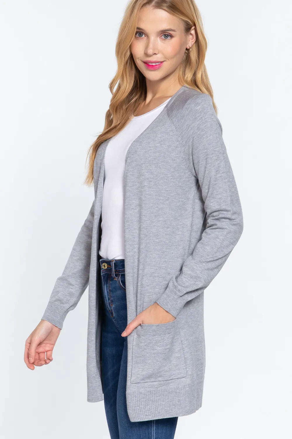 Gray Active Basic Open Front Long Sleeve Cardigan
