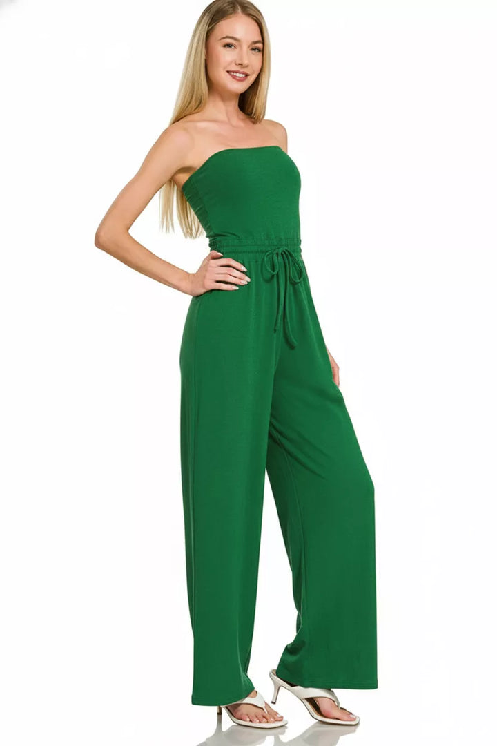 Dk Green Zenana Tube Top Jumpsuit With Drawstring Waist 3