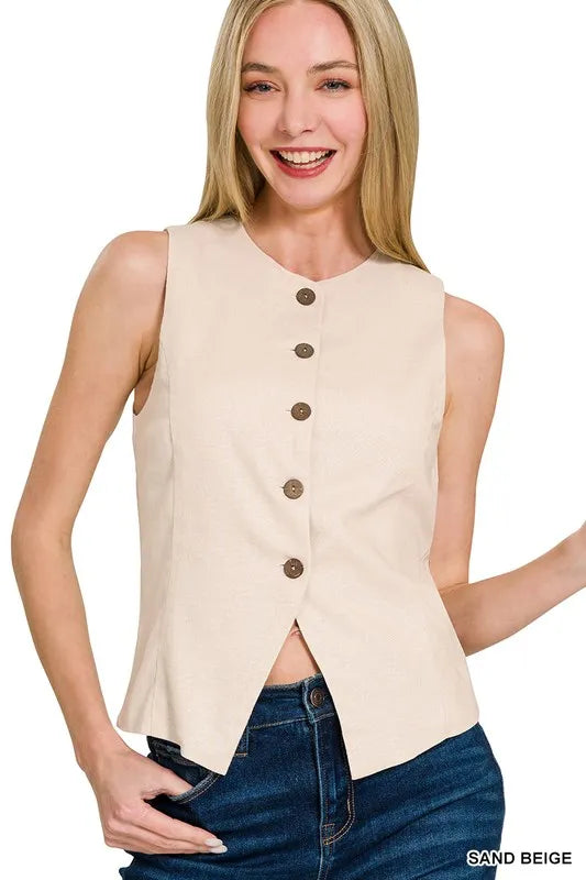 Sand Beige Zenana Linen Button Down Vest 1