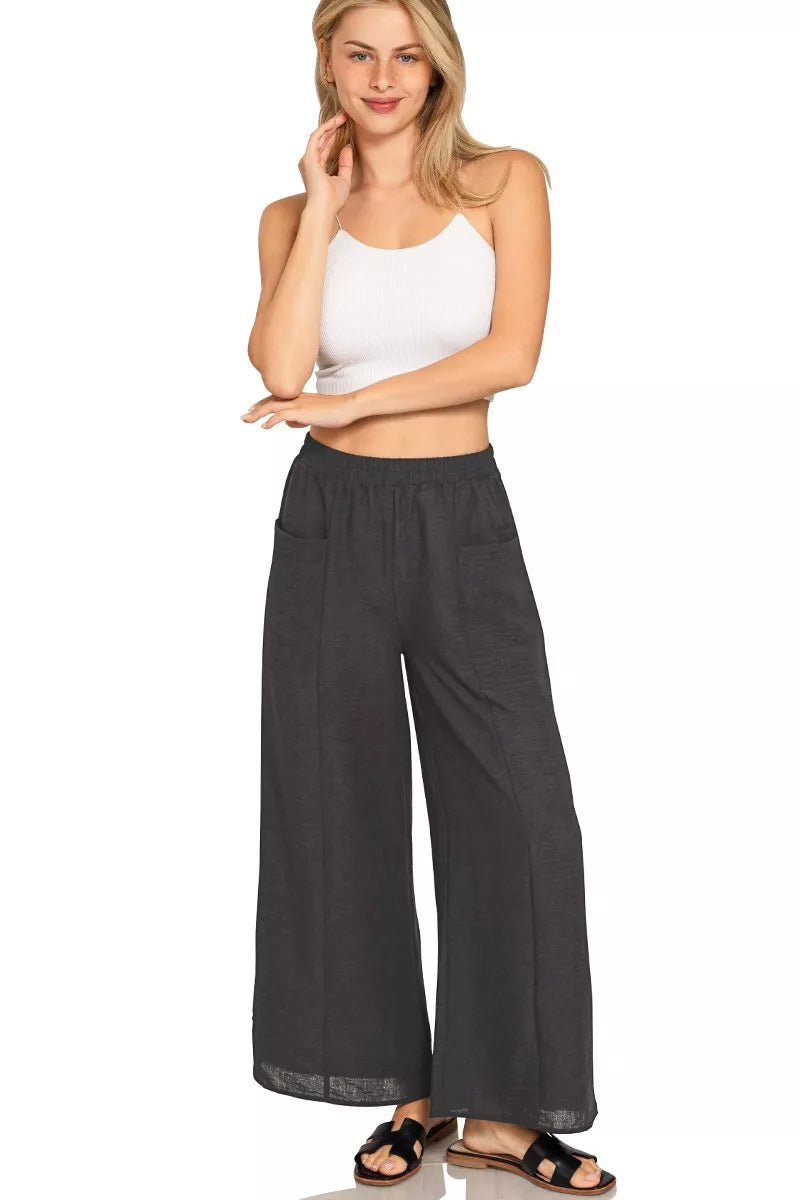 Black Zenana Woven Airflow Elastic Waistband Pants 3