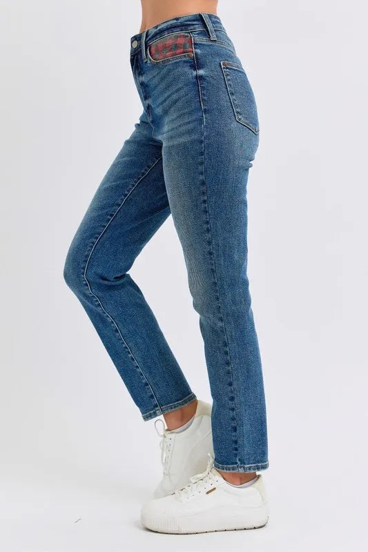 Md Judy Blue Full Size Hw Plaid Patch Slim Fit Jeans Plus Size