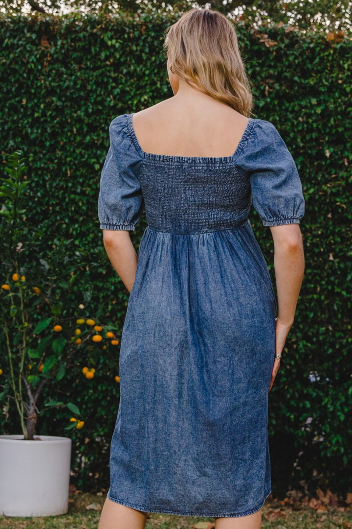 Washed Denim Oddi Full Size Washed Smocked Puff Sleeve Dress