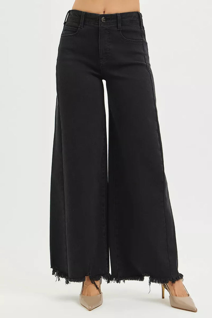 Black Risen Tummy Control High Rise Palazzo Leg Frayed Hem Jeans