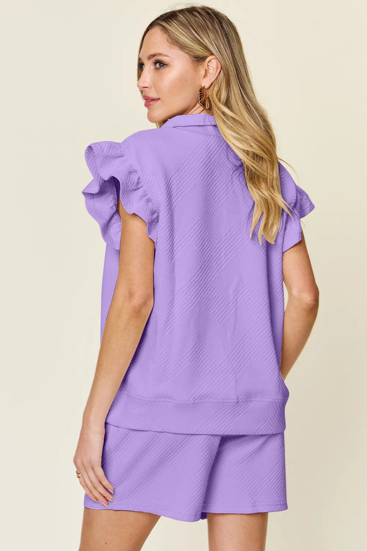 Black Double Take Full Size Texture Flounce Sleeve Top And Drawstring Shorts Set