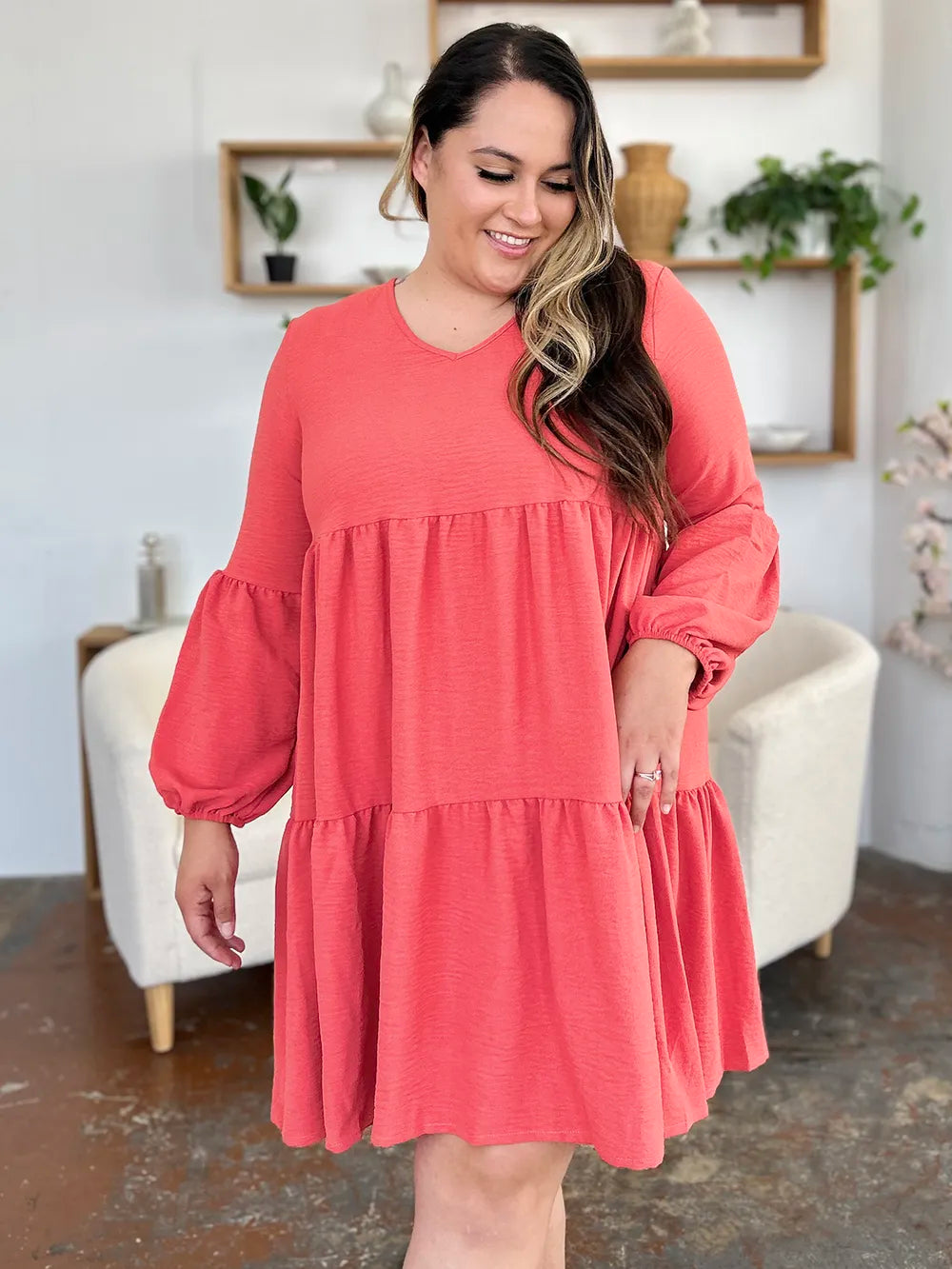 Coral Double Take Full Size V Neck Balloon Sleeve Tiered Dress With Pockets