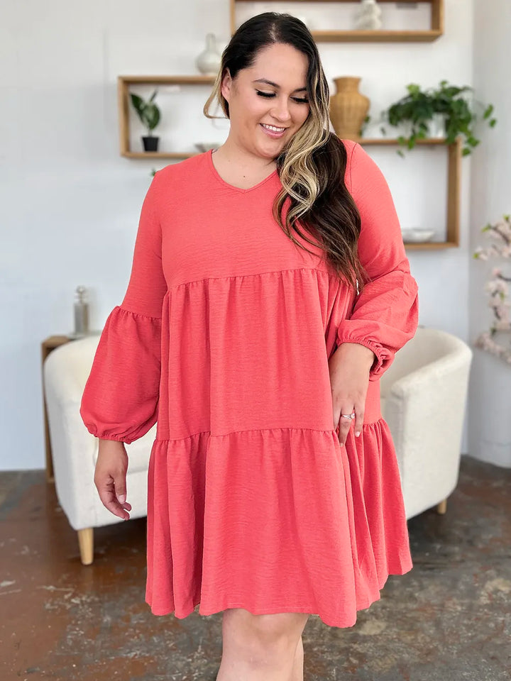 Coral Double Take Full Size V Neck Balloon Sleeve Tiered Dress With Pockets