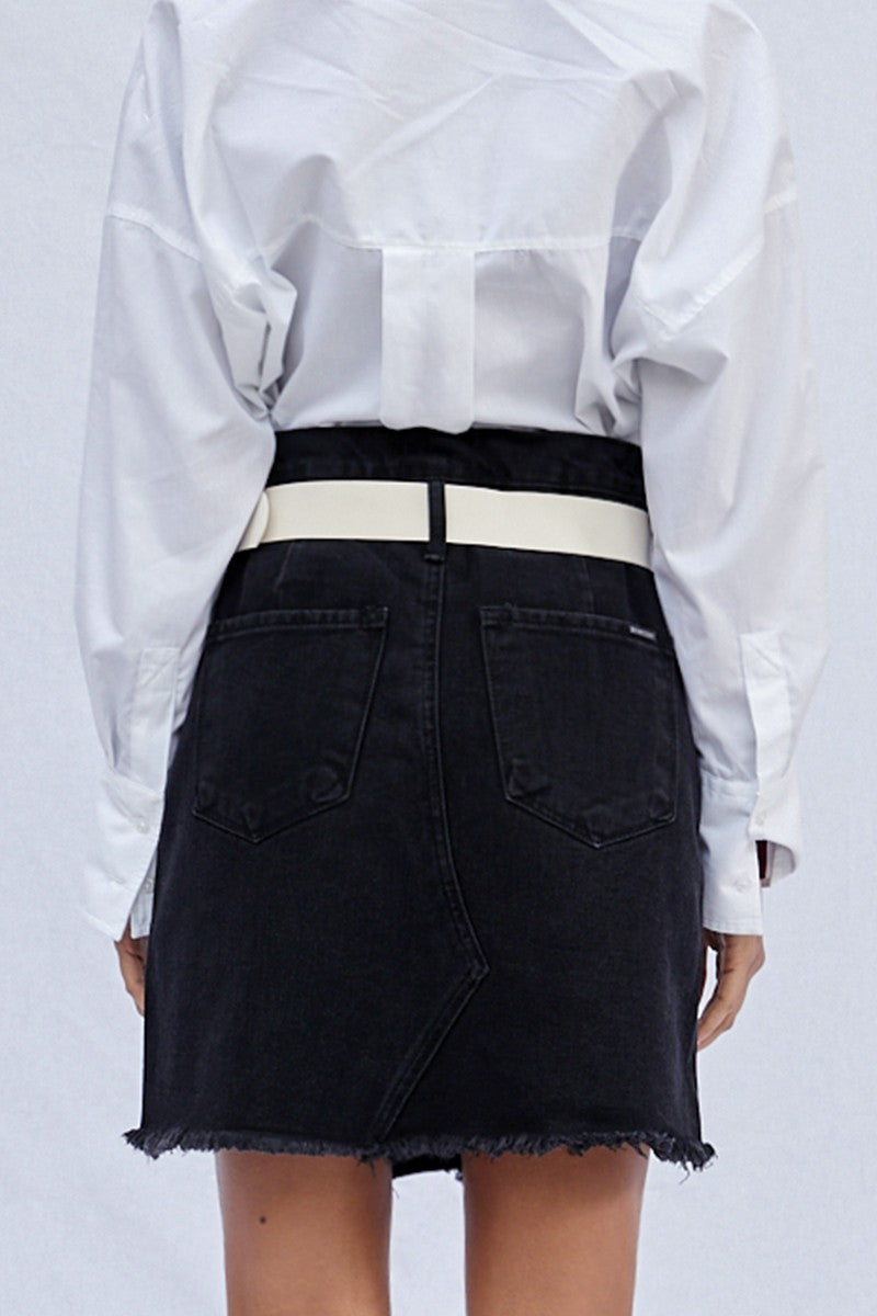 Black High Waist Belted Mini Denim Skirt