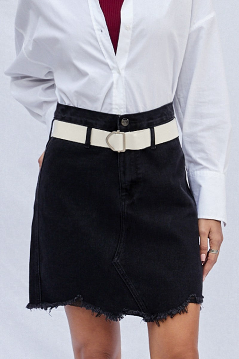 Black High Waist Belted Mini Denim Skirt