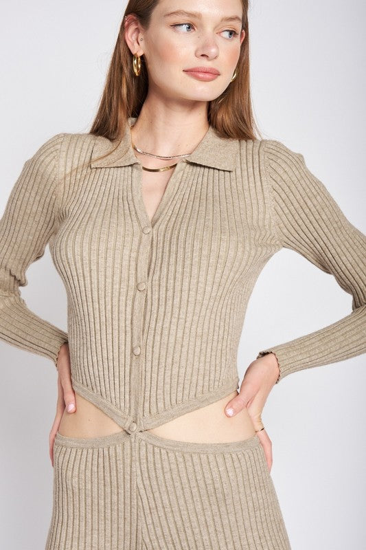 Long Sleeve Button Up Jumpsuit With Side Cut Outs