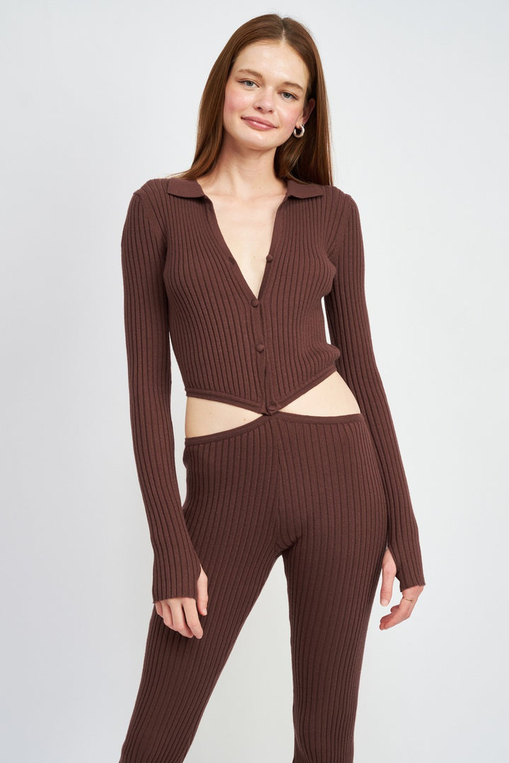 Brown Long Sleeve Button Up Jumpsuit With Side Cut Outs