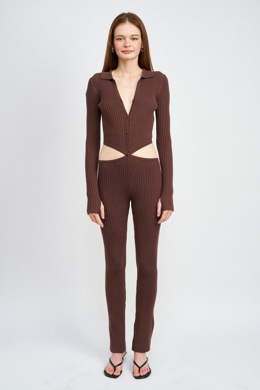 Brown Long Sleeve Button Up Jumpsuit With Side Cut Outs