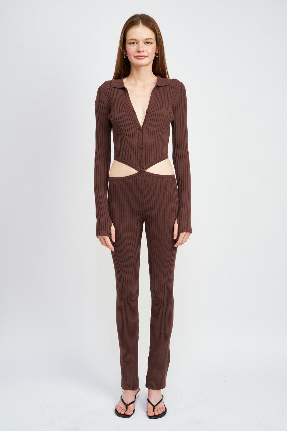 Brown Long Sleeve Button Up Jumpsuit With Side Cut Outs