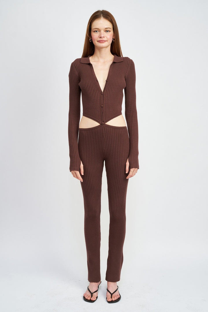 Brown Long Sleeve Button Up Jumpsuit With Side Cut Outs