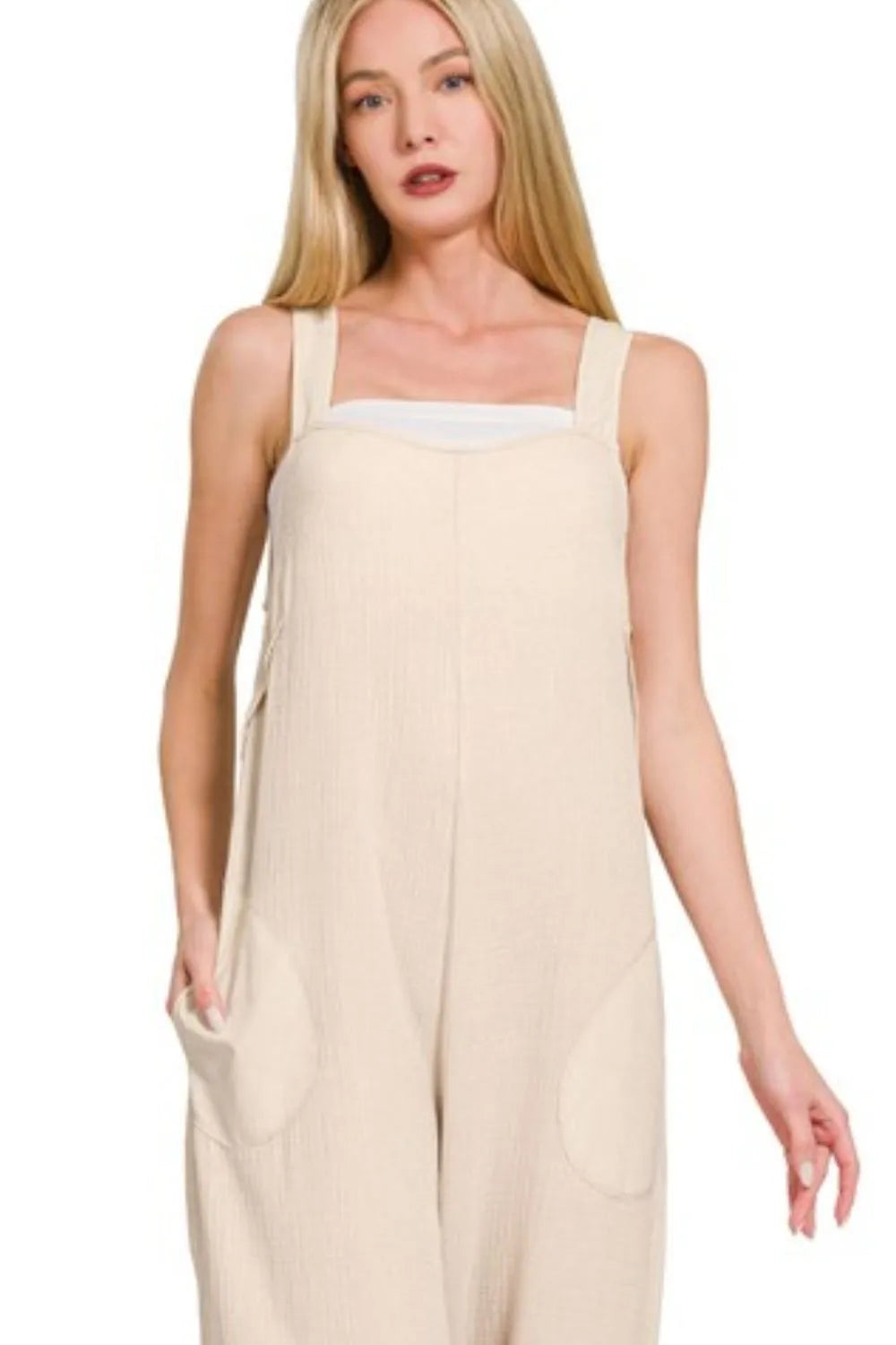 Sand Beige Zenana Double Gauze Washed Wide Leg Overalls