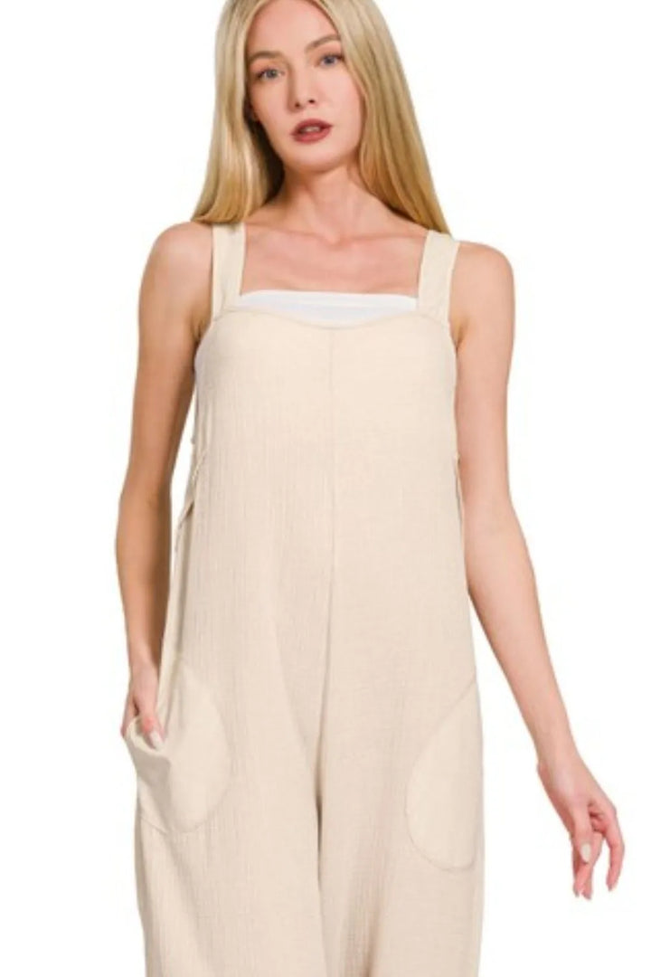 Sand Beige Zenana Double Gauze Washed Wide Leg Overalls