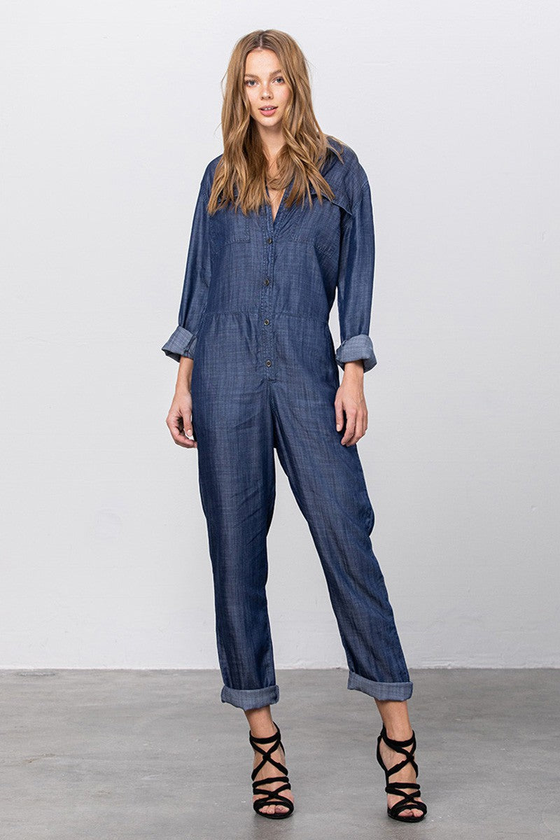 Dark Collared Button Front Tencel Jumpsuit