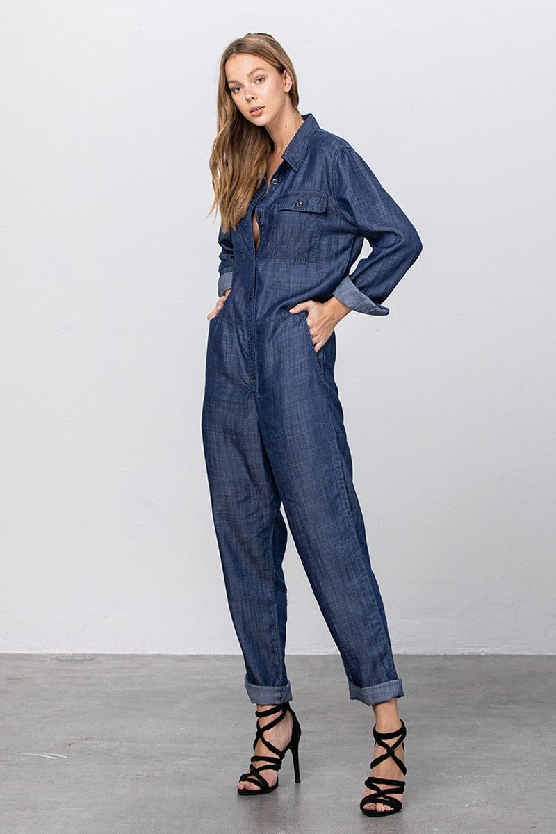 Dark Collared Button Front Tencel Jumpsuit