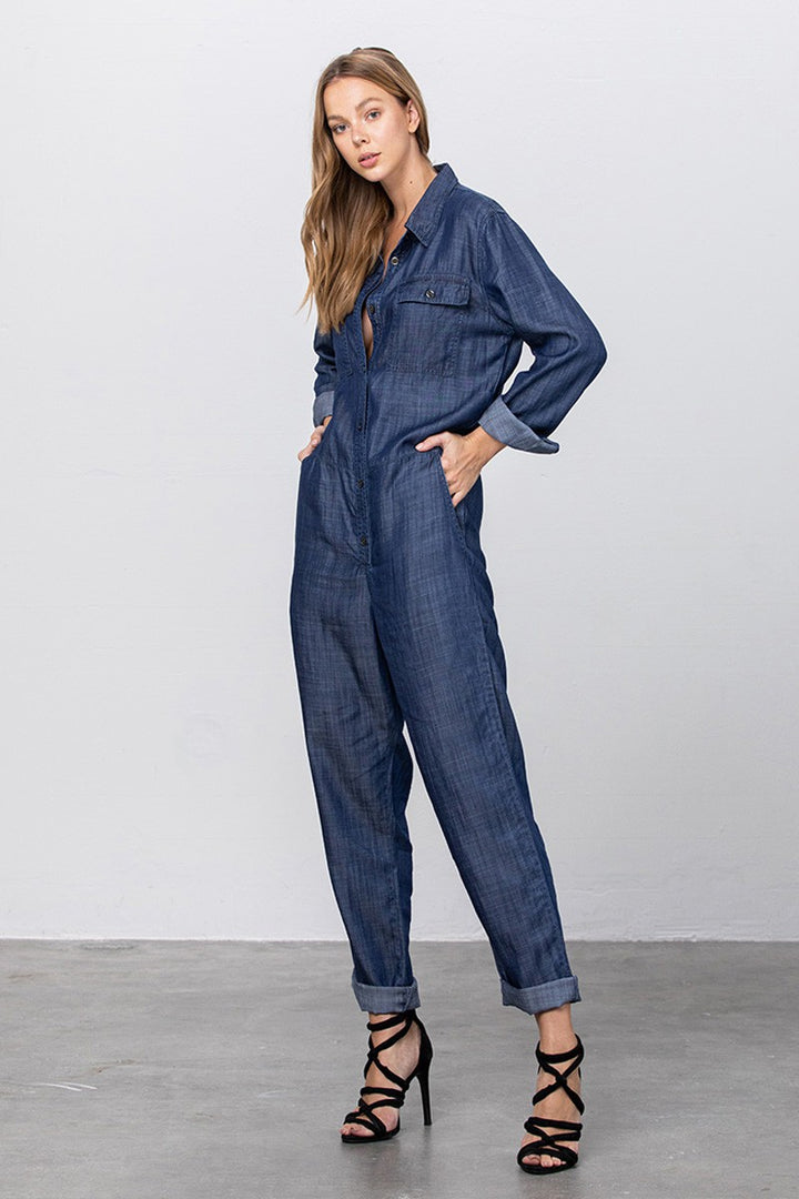 Dark Collared Button Front Tencel Jumpsuit