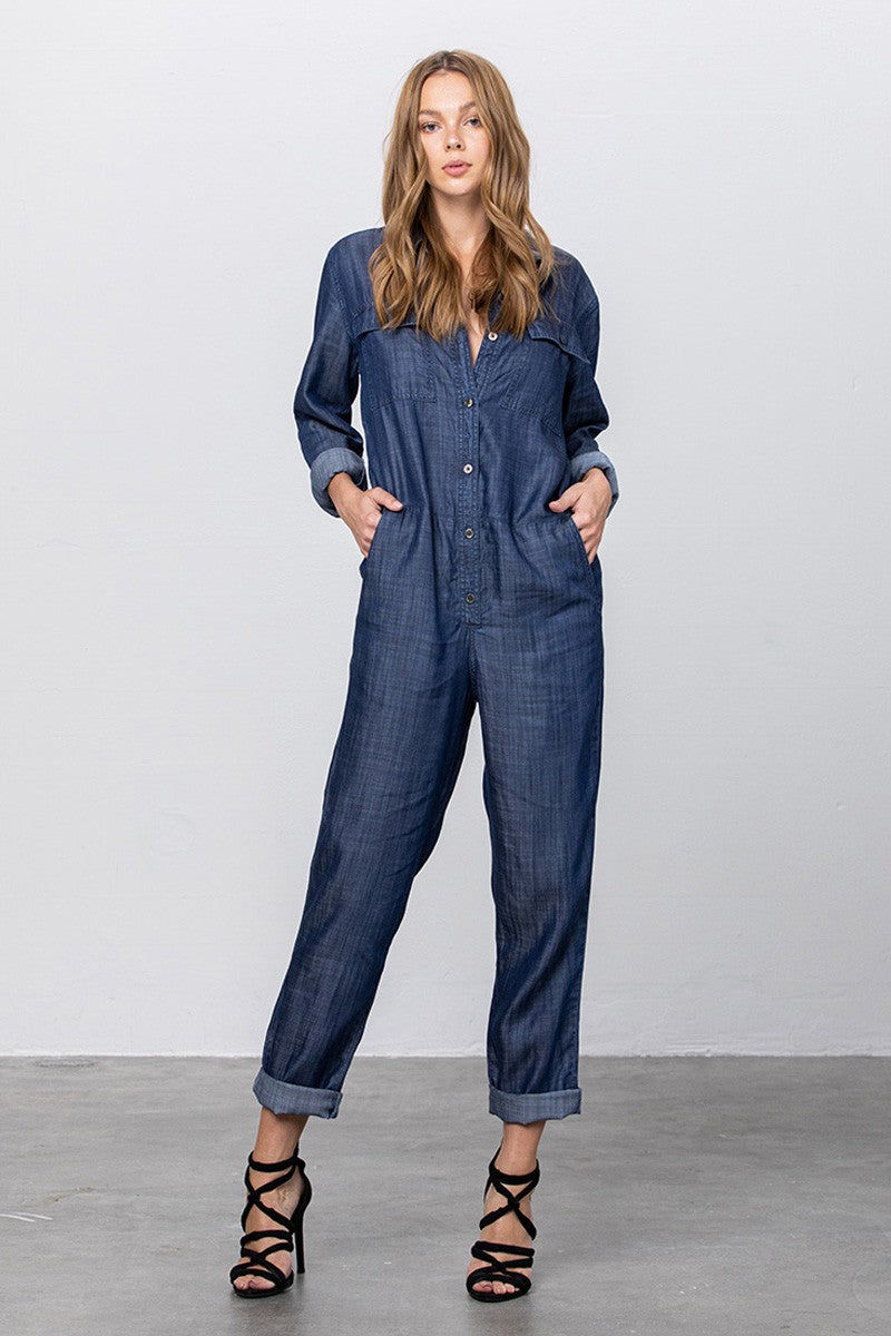 Dark Collared Button Front Tencel Jumpsuit