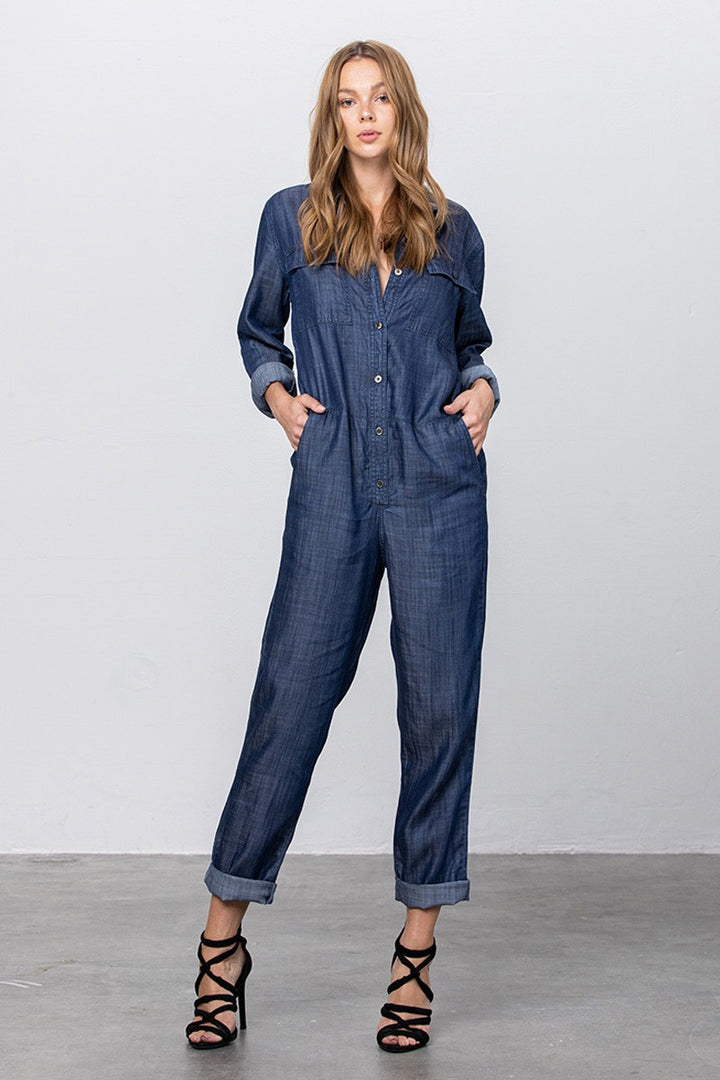 Dark Collared Button Front Tencel Jumpsuit