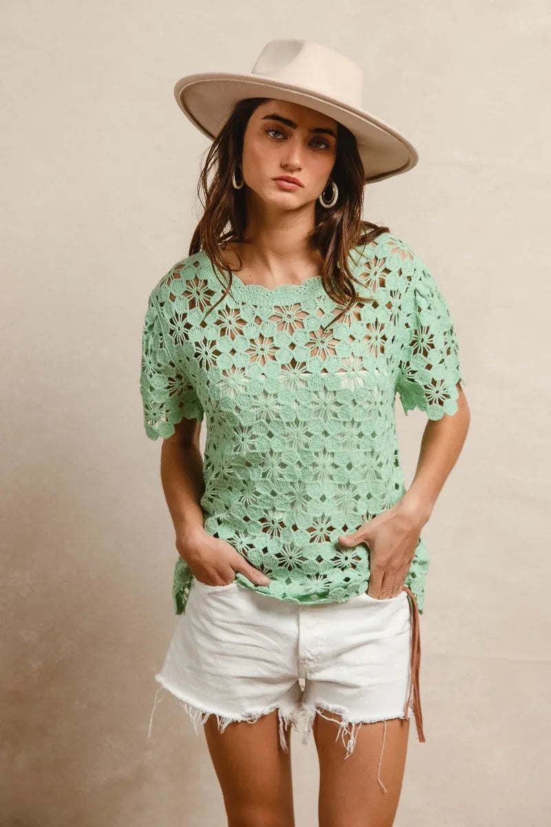 Lt Green Bibi Openwork Crochet Short Sleeve Knit Top