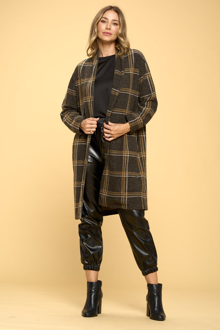 Charcoal Plaid Coat With Buttons And Pockets | Anekay