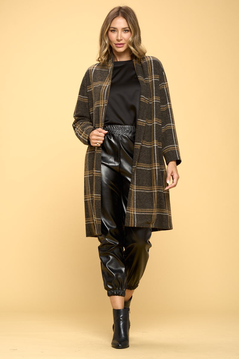 Charcoal Plaid Coat With Buttons And Pockets | Anekay